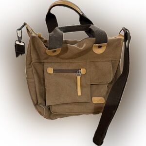 Vintage brown rugged canvas multi pocket messenger tote bag